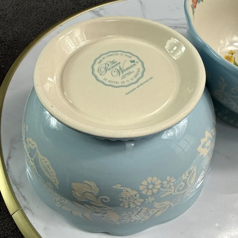 The Pioneer Woman Sweet Rose 6.25 Inch Ceramic Bowls Set of 2 Scalloped Blue New